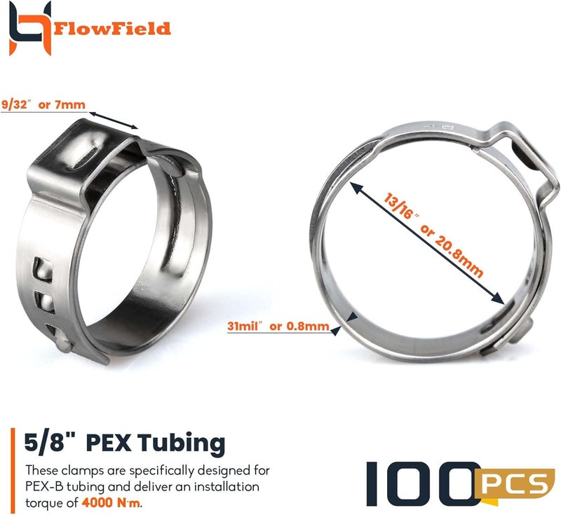 FlowField PEX Cinch Ear Hose Clamps, High Strength 304 Stainless Steel PEX Tubing Cinch Ring for PEX-b Tubing Pipe Fittings 5/8, 100Pcs - Image 2